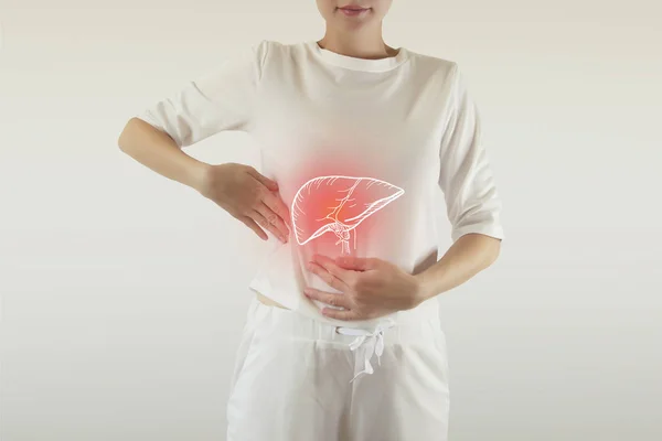 Compuesto digital de hígado rojo doloroso resaltado de la mujer — Foto de Stock