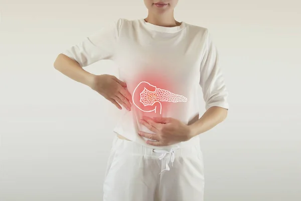Composito digitale di evidenziato pancreas rosso della donna — Foto Stock