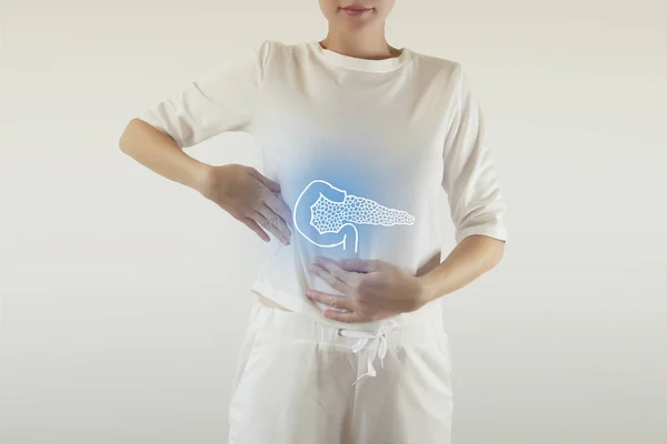 Pancreas umano sano evidenziato blu sul corpo della donna — Foto Stock