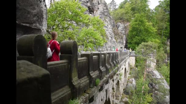 Uma Menina Caminhando Ponte Bastei Olhando Para Canyon Saxon Suíça — Vídeo de Stock