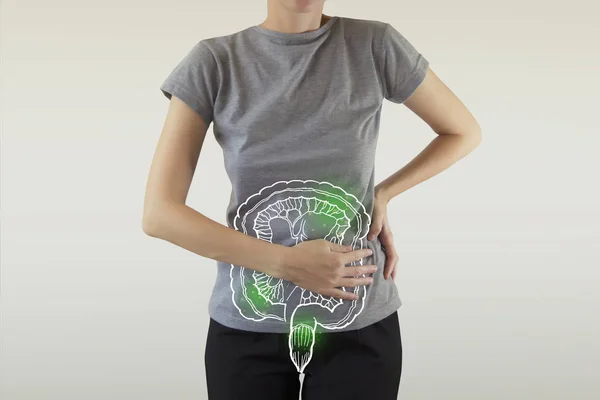 Композитне зображення зараженого кишечника, виділеного зеленим на жінці — стокове фото