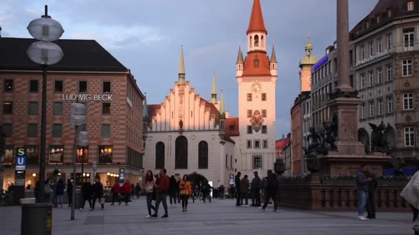 Мюнхен Германия Marienplatz Мюнхене Старой Ратушей Другими Зданиями Кафе Бары — стоковое видео