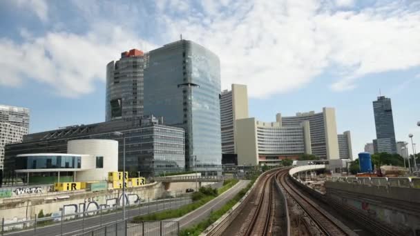 Juni 2019 Wenen Oostenrijk Wolkenkrabbers Donaustad Wenen Panoramisch Uitzicht Het — Stockvideo