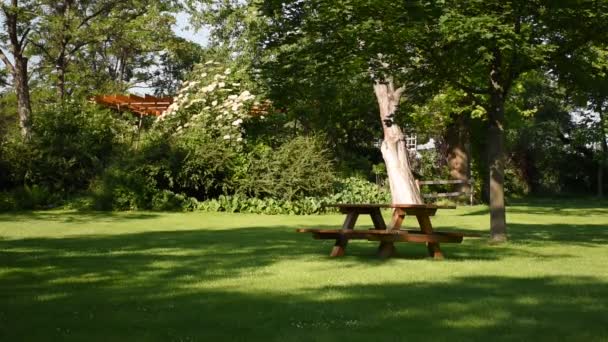 Park Scen Med Tomt Bord Och Bänkar För Picknick Sommarträdgård — Stockvideo