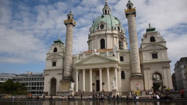 June 2019 Wiener Karlskirche Saint Charles Church Karlsplatz Blue Sky — Stock Video