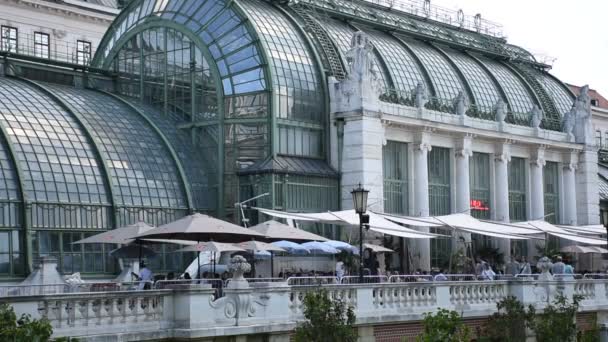 晴れた日と多くの幸せな観光客でBrasserie Palmenhausウィーンオットー ワーグナー Sterreichische Nationaliblethek Palmenhaus Burggarten — ストック動画