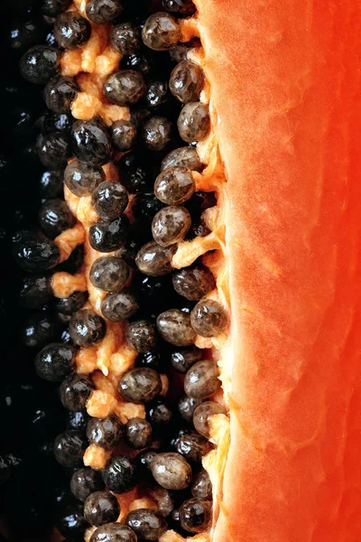 Papaya Meyve Paw Paw Yarım Makro Görüntü Ile Tohum Yukarıdan — Stok fotoğraf