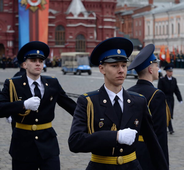  Soldiers of the presidential regiment at the rehearsal of the military parade on red square in Moscow.