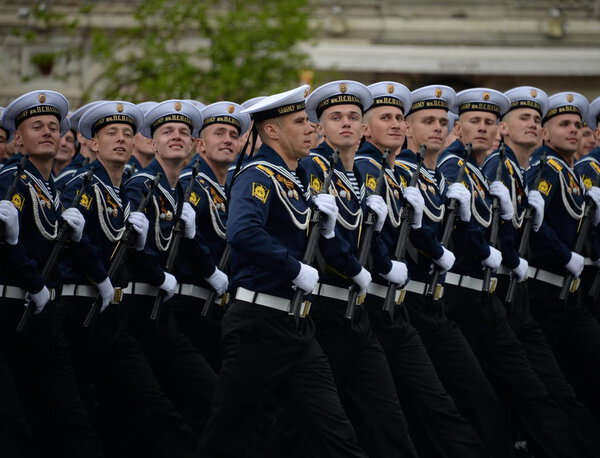 MOSCOW, RUSSIA  MAY 6, 2018:Cadets of the Black Sea Higher Naval School named after P.S. Nakhimova during the dress rehearsal of the parade on Red Square in honor of the Victory Day.