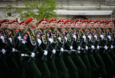  Military servicemen of the military police during the dress rehearsal of the parade on Red Square in Moscow. clipart