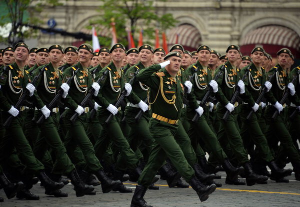  Servicemen of the 38th separate railway brigade during the dress rehearsal of the parade on Red Square in honor of the Victory Day.