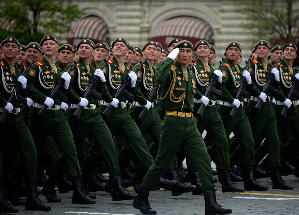 Soldiers of the 2nd Guards motorized rifle Taman division during the dress rehearsal of the parade on red square.