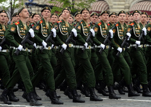  Servicemen of the 27th separate guards motorized rifle Sevastopol Red Banner Brigade during the dress rehearsal of the parade.