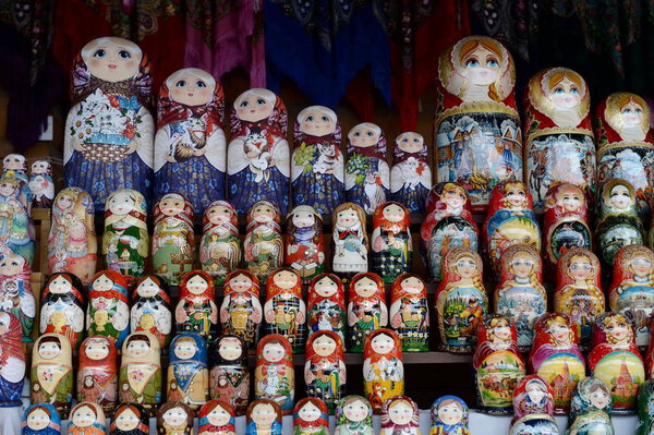  Trade Russian souvenirs-matryoshkami in the Izmailovo Kremlin in Moscow