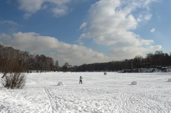 Viagem de esqui de inverno no parque histórico-natural "Kuzminki-Lyublino" em Moscou — Fotografia de Stock