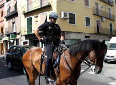 Seville, İspanya - 22 Temmuz 2011: Seville sokağında at lı polisler