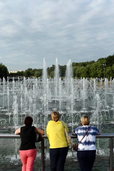 People relax in the summer at the light-music fountain in the Moscow Tsaritsyno Park — Stock Photo, Image