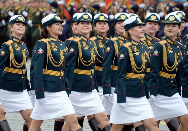  Female students of the Military University and the Volsky Military Institute of Material Support named after Khrulev during a parade on Red Square in honor of Victory Day