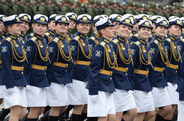 Female cadets of the Military Academy of Aerospace defense and The military space Academy named after Mozhaisk during the parade on red square in honor of Victory Day