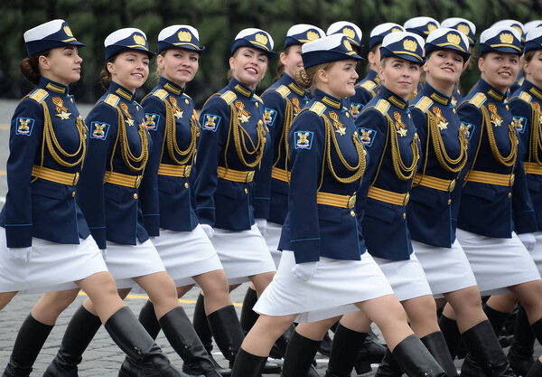  Female cadets of the Military Academy of Aerospace defense and The military space Academy named after Mozhaisk during the parade on red square in honor of Victory Day