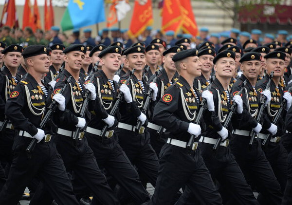  Marines of the 336th Separate Guards Belostok Brigade of the Baltic Fleet during a parade on Red Square in honor of Victory Day