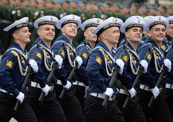 MOSCOW, RUSSIA - MAY 9, 2019: Cadets of the black sea higher naval school named after Admiral Nakhimov during the parade on red square in honor of Victory Day