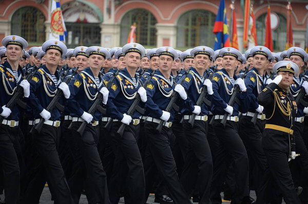MOSCOW, RUSSIA - MAY 9, 2019: Cadets of the black sea higher naval school named after Admiral Nakhimov during the parade on red square in honor of Victory Day