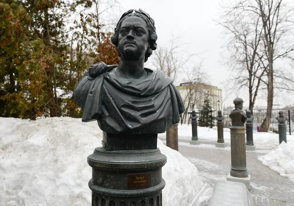 Bust of Emperor Peter I on the Avenue of rulers of Russia in Moscow