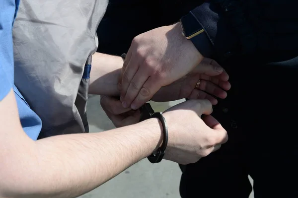 Moscow Russia April 2018 Buttoning Police Steel Handcuffs Hands Men — Stock Photo, Image