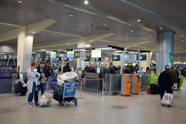 Пассажиры в терминале Международного аэропорта Домодедово в Москве — стоковое фото