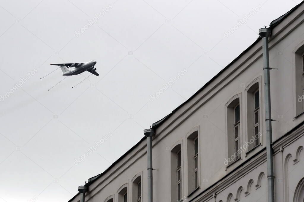 MOSCOW, RUSSIA - MAY 9, 2020:Il-78 air tanker flies over Moscow during a parade dedicated to the 75th anniversary of the Victory in World War II