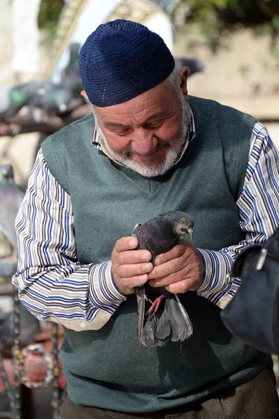 Istanbul Turquía Noviembre 2019 Anciano Desconocido Sostiene Una Paloma Sus —  Fotos de Stock
