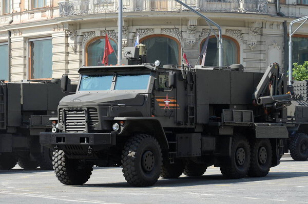 MOSCOW, RUSSIA - JUNE 20, 2020:TOS-2 ("Tosochka") - a heavy flamethrower system on a wheeled chassis on a Moscow street during the dress rehearsal of the Victory parade