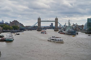 LONDON, UK - SEPTEMBER 9, 2018: View of the River Thames, war cruiser Belfast and Tower Bridge