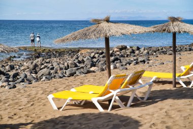 Lanzarote, Kanarya Adaları, İspanya. Las Palmas eyaleti. Kumlu volkanik plaj. Kumdaki taşlar, büyüyen palmiyeler, şezlonglar ve şemsiyeler. Atlantik Okyanusu'nda turistlerin dinlenme yeri