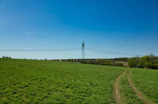 Power line in the village. Green meadow and blue sky