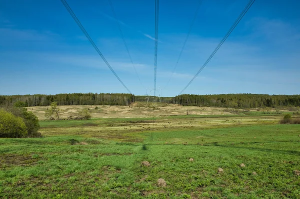 Power line in the village. Green meadow and blue sky, forest on the horizon
