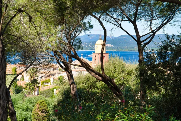 Saint-Tropez'deki tepenin manzarası, evlerin çatıları, koydaki yatlar. Provence, Alpes bölgesinde güneydoğu Fransa'da Komün - Cote d'Azur, Fransa