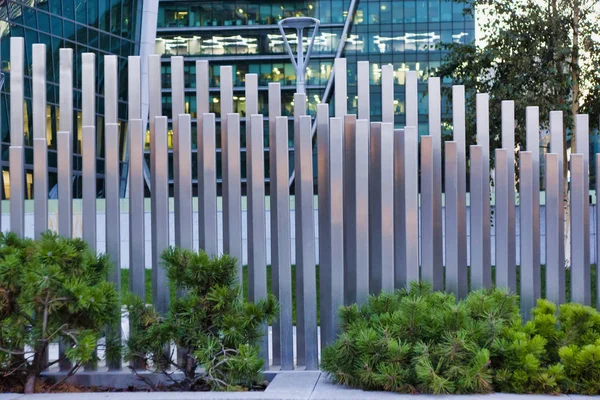 Moscow, Russia - September 12, 2019: metal design fence. Moscow City Business Center on Krasnopresnenskaya Embankment