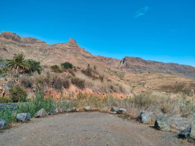 İspanya, Kanarya Adaları 'nın dağ manzarası ve mavi gökyüzü