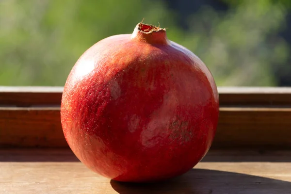 Ripe Pomegranate Fruit Wooden Windowsill — Stock Photo, Image