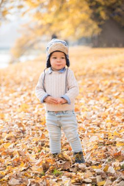 Güzel bebek çocuk yürüyen atmak parkta yaprak.