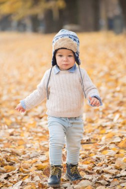 Güzel bebek çocuk yürüyen atmak parkta yaprak.
