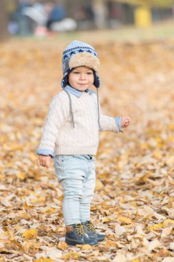 Güzel bebek çocuk parkta poz. Sonbahar sezon.