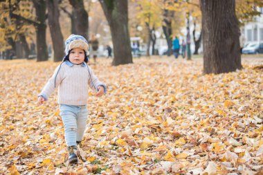 Güzel bebek çocuk yürüyen atmak parkta yaprak.