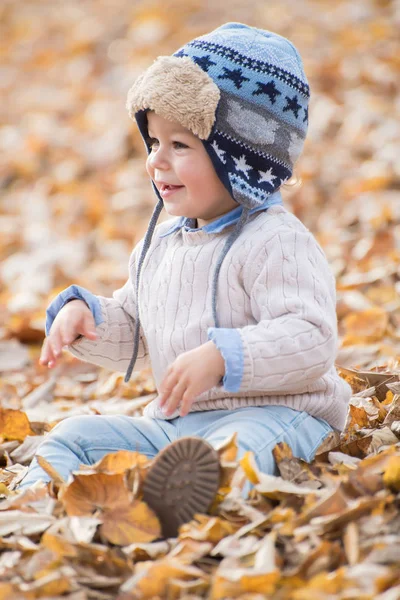 Портрет красивого хлопчика, який сидить на листі. Осінній сезон . — стокове фото
