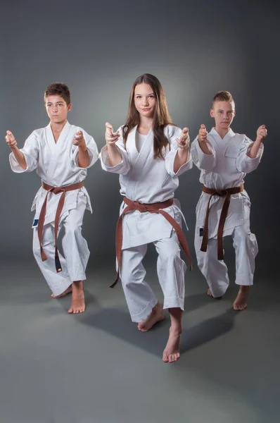 Grupa młodych Karate graczy robi Kata na szarym tle — Zdjęcie stockowe