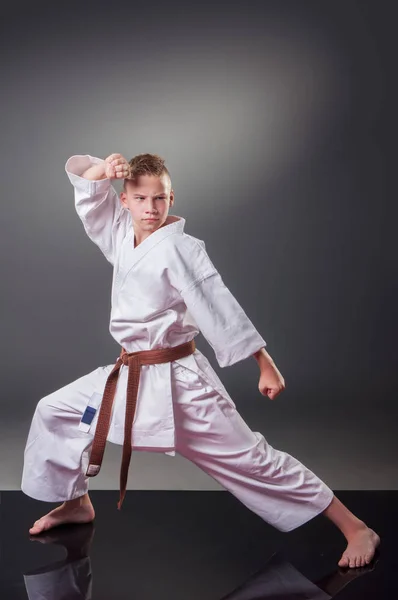 Yakışıklı genç erkek karate oyuncusu gri arka planda poz — Stok fotoğraf