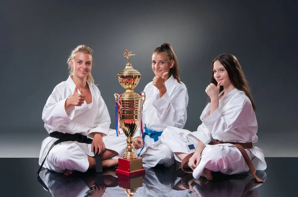 Grupo de belas jogadoras de karatê posando com a xícara no fundo cinza. Celebrando o primeiro lugar . — Fotografia de Stock