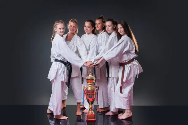 Groep mooie vrouwelijke Karate spelers poseren met de beker op de grijze achtergrond. Vieren 1ste plaats. — Stockfoto